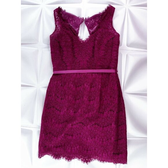 Belsoie Sz 12 V Neck Eyelash Lace Sheath Shift Dress Scalloped Berry Bridesmaid - Picture 3 of 7